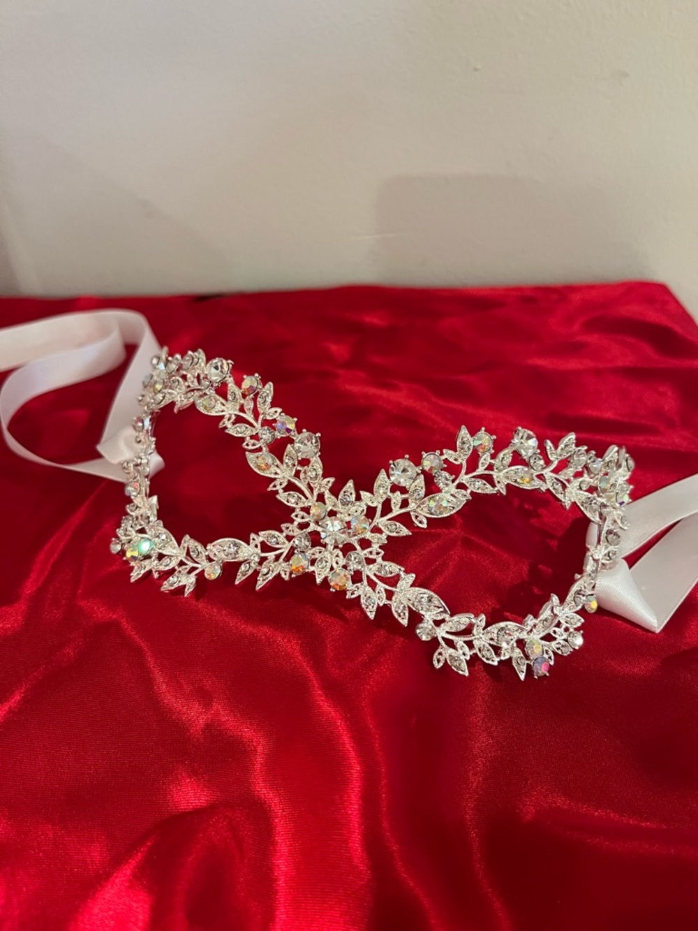 Rheinstone Vine Silver Tone Masquerade Mask with White Ribbon. New in Box.